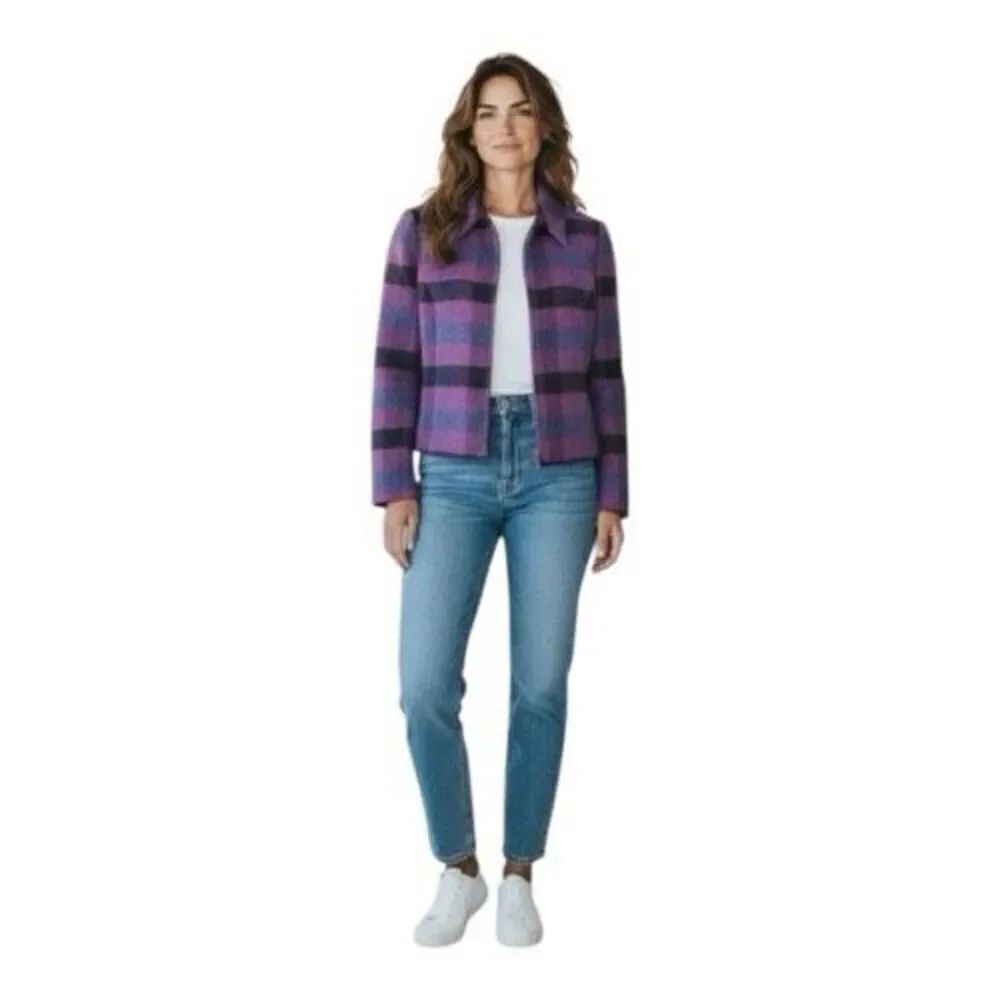 Dressbarn  Vintage Women Purple Plaid Retro Jacket Blazer Size 12 Wool Blend